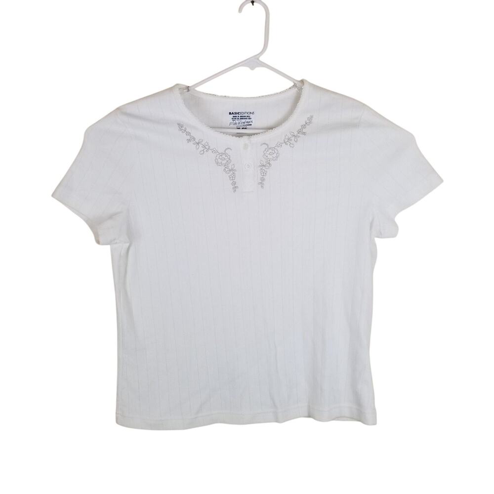 Basic Editions Women's XL White Embroidered Floral Cotton Blend Short Sleeve Top